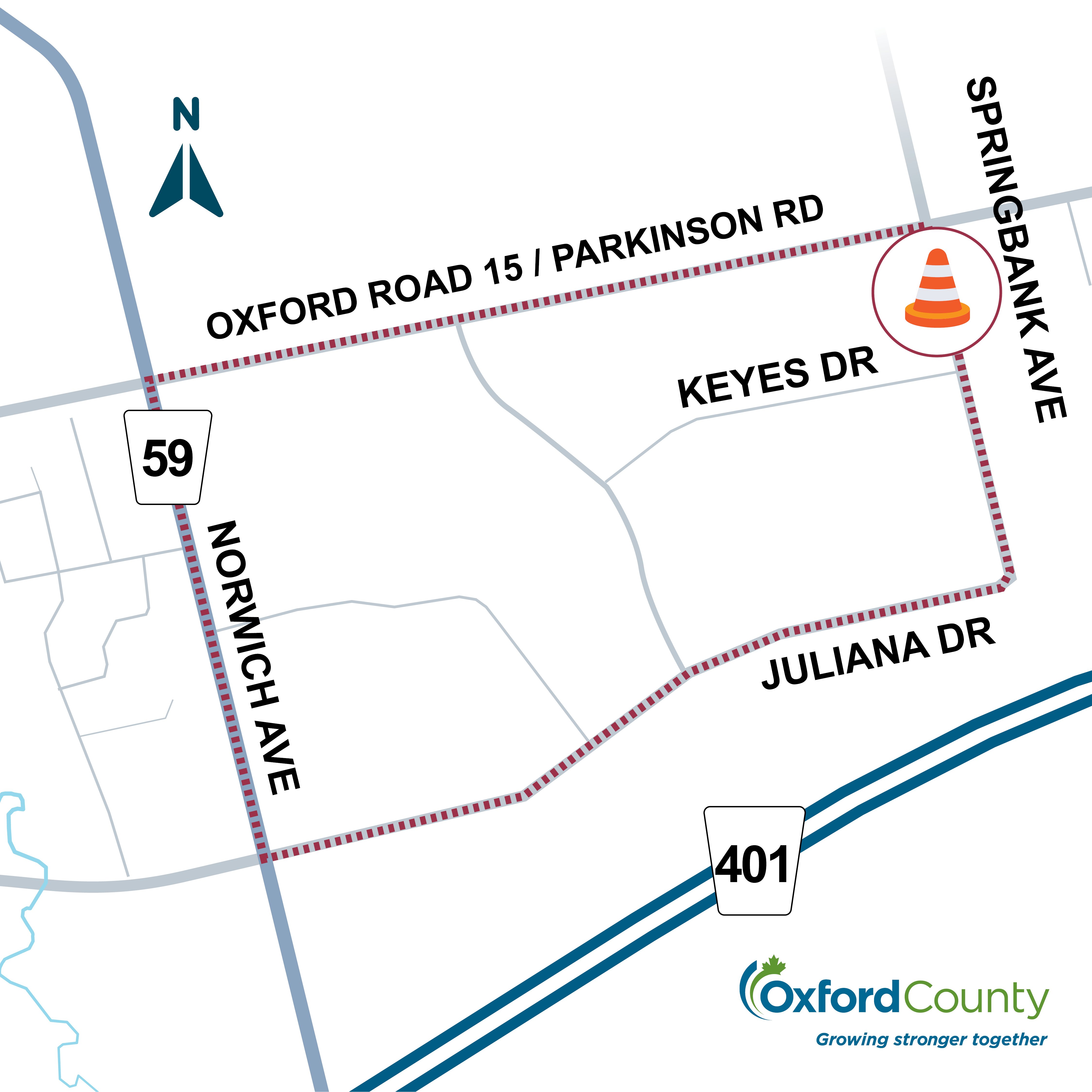 Detour map for OR 15 and Springbank Ave